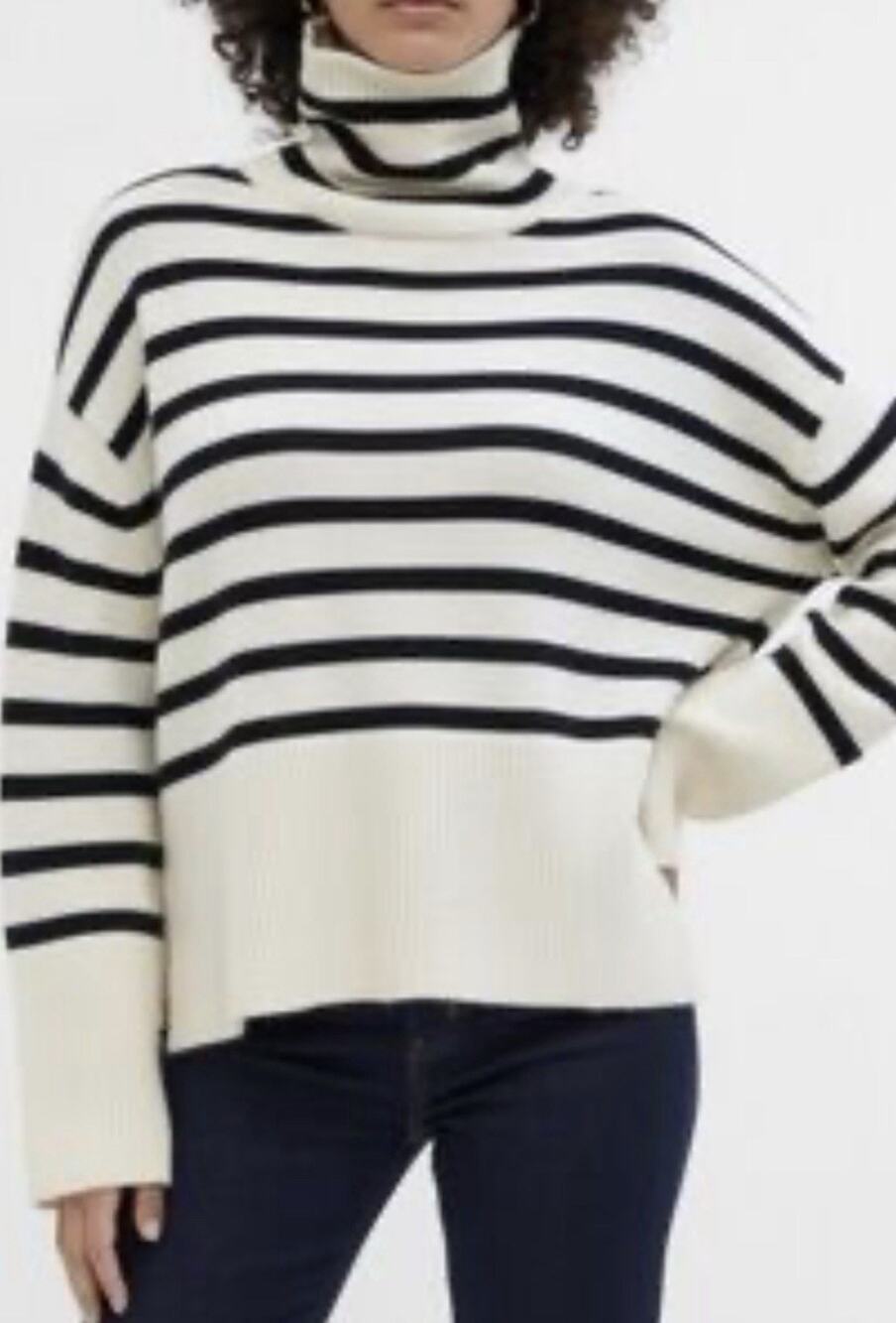 Gap Women’s L Ivory Blue Striped Oversized Turtleneck Cotton Sweater Split Hem